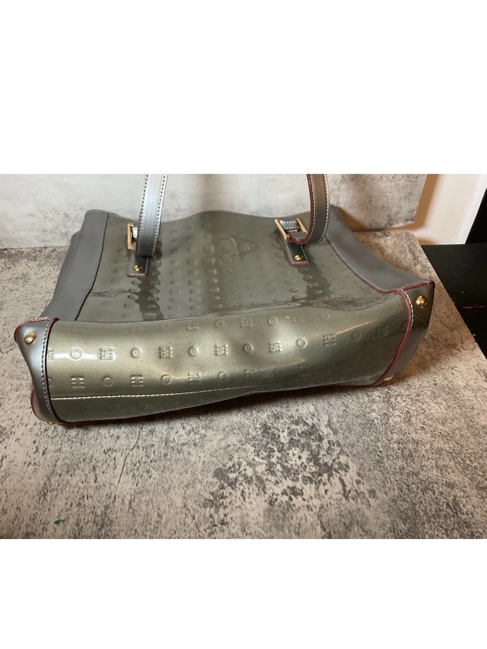 Arcadia Patent Leather Two Tone Silver Tote with Textured Logo Pattern - Picture 6 of 9